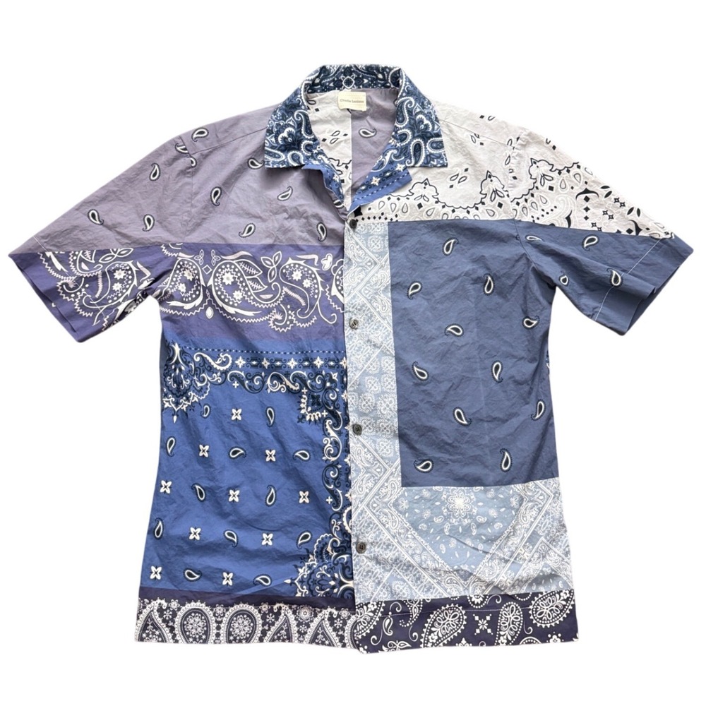 Charlie Luciano Mens Blue Patchwork Bandana‎ Paisley Short Sleeve Button Shirt